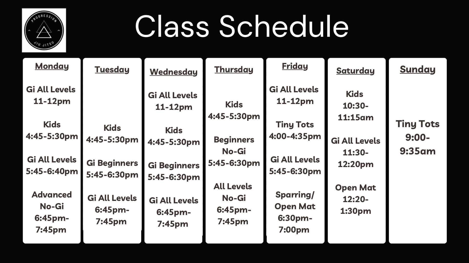 Progression Jiu Jitsu Class Schedule